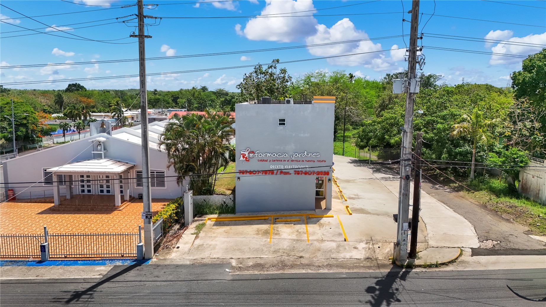 Aerial view of the pharmacy location and surrounding neighborhood